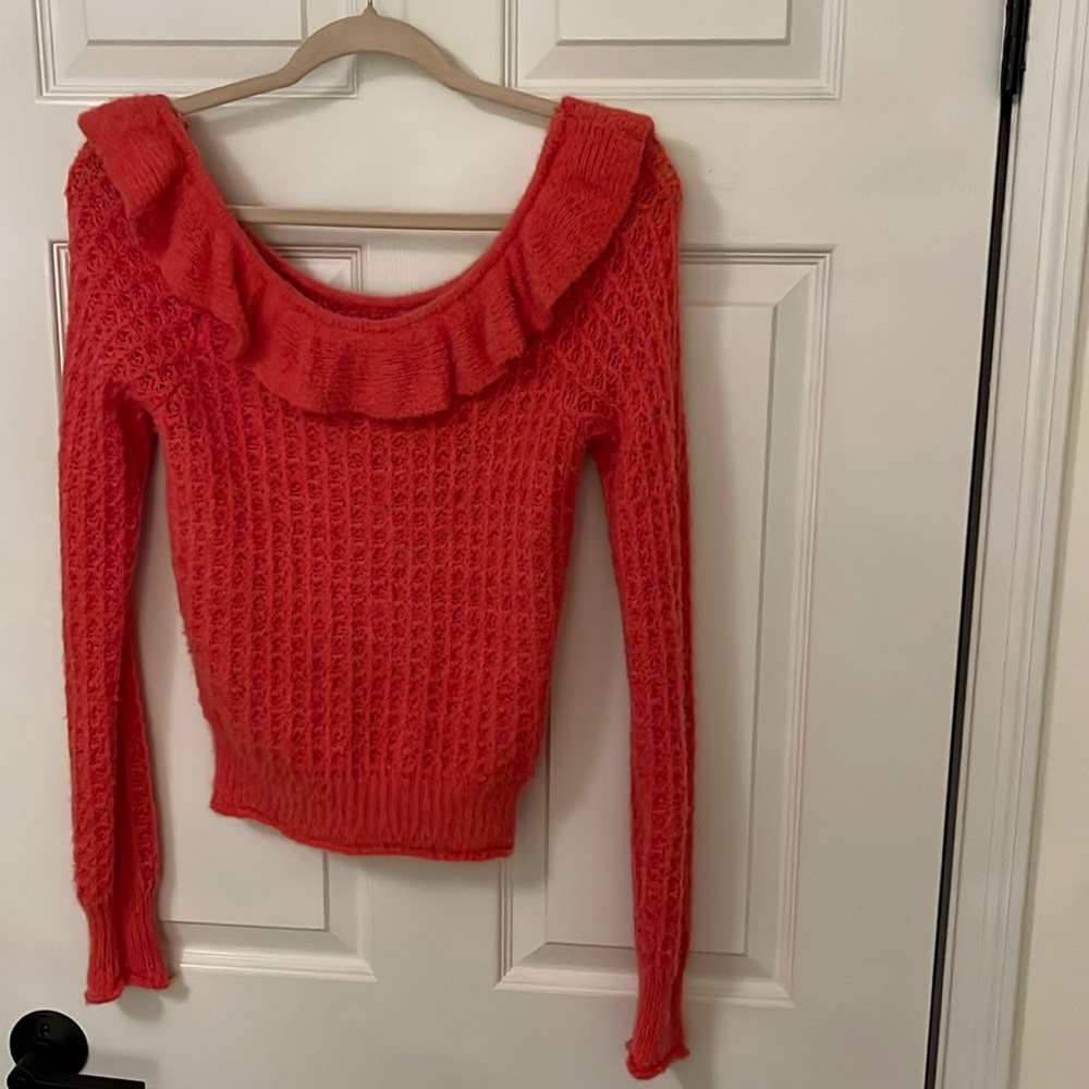 Anthropologie coral orange ruffle neck Fall sweater XS🧡🍊🧶👌🥰 - Picture 1 of 11